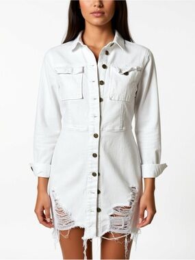 Fashion Nova White Distressed Button-Up Mini Jean tight Dress
